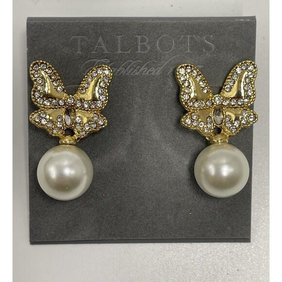 Talbots Gold Tone Crystal Butterfly & Faux Pearl Drop Stud Earrings New - Picture 1 of 5